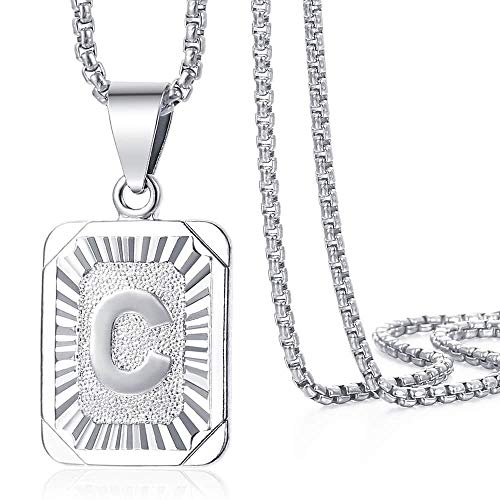 Trendsmax Initial Letter Pendant Necklace Mens Womens Capital Letter White Gold Plated A Z Stainless Steel Box Chain 22inch - style: C