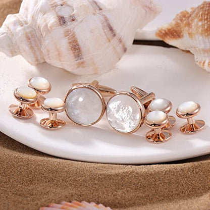 HAWSON Cufflinks and Tuxedo Studs Set for Men with Gift Box, Mother-of-Pearl Cuff links for French Cuff Shirt and Dress Shirt, Suitable for Wedding, Birthday, Party - style: Rose Gold & Beige