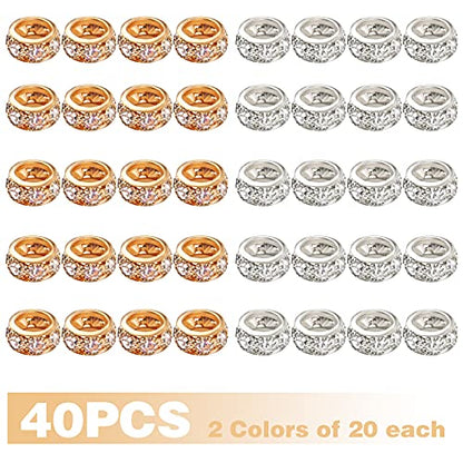 BronaGrand Large Hole Spacer Beads, 40pcs 12 mm Crystal Rhinestone European Beads Brass Rondelle Charm Spacers Loose Beads Crafts Supplies for DIY Snake Chain Bracelets Jewelry Making, Gold, Silver - color: Gold&Silver, size: 12MM