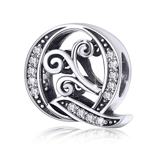 BISAER 925 Sterling Silver Initial Letter A-Z Charms for Bracelets Alphabet Beads Charm Jewelry Gifts - color: Letter Q