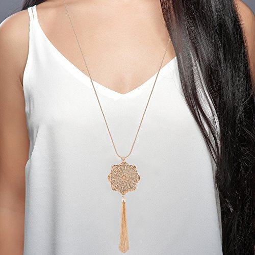 MOLOCH Long Necklaces For Woman Disk Circle Pendant Necklaces Tassel Fringe Necklace Set Statement Pendant - color: floral-shaped-gold