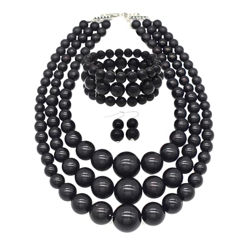 JNF Faux Pearl Statement Necklaces Big Beaded Necklace for Women Chunky Pearls Necklace and Earring Set Large beads Costume Necklace - color: Black Pearl Necklace long