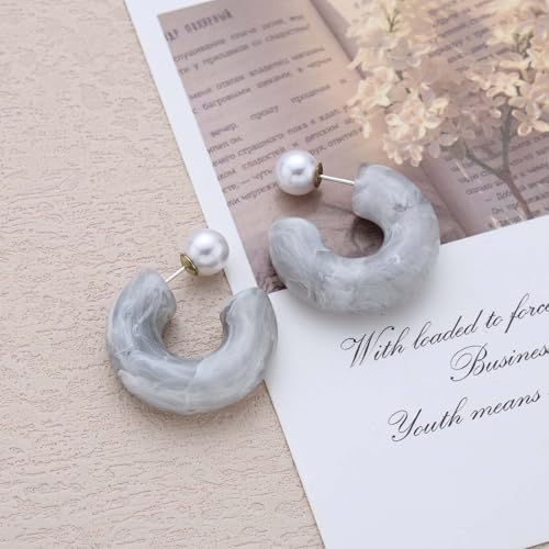 Chunky Acrylic Hoop Earrings White Resin Open Circle Hoop Earrings Round Pearl Studs Thick Acrylic C Shape Earring Pearl Front Back Earring Jewelry for Women - color: Grey