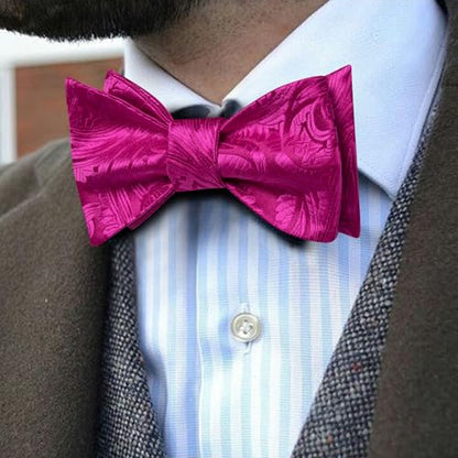 YOHOWA Bow Ties for Men Self-tied Silk Bowtie Solid Color with Lapel Pin and Handkerchief Cufflinks for Wedding Party Prom - color: Hot Pink Paisley a