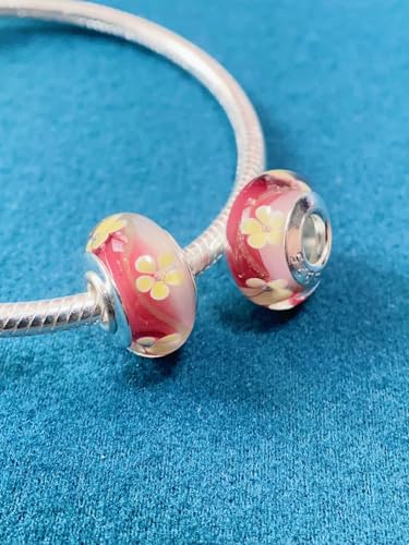 2pcs Authentic 925 Silver Murano Glass Flower Charms for Pandora Bracelets - color: 04-Red & Yellow flowers