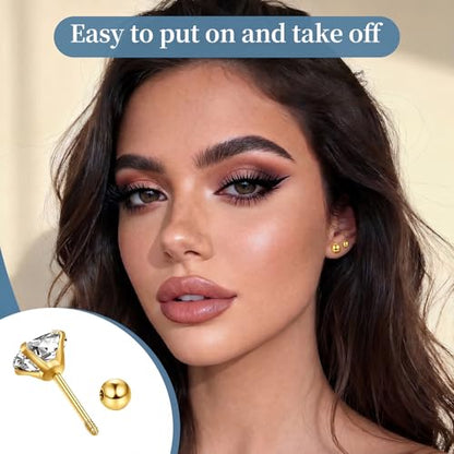 7 Pairs 20G Stainless Steel Stud Earrings Set Cubic Zirconia CZ Earrings Multi Size 2mm-8mm - color: golden, size: Modern