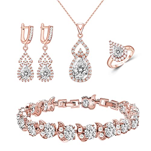 LMXXVJ Women Jewelry Set Platinum Plated Necklace Open Ring Earrings Bracelet Set,Birthday/Anniversary Mother’s Day Jewelry Gifts for Mom/Wife/Sister/Best Friend - color: Rose Gold-White