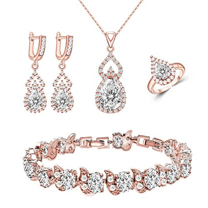 LMXXVJ Women Jewelry Set Platinum Plated Necklace Open Ring Earrings Bracelet Set,Birthday/Anniversary Mother’s Day Jewelry Gifts for Mom/Wife/Sister/Best Friend - color: Rose Gold-White