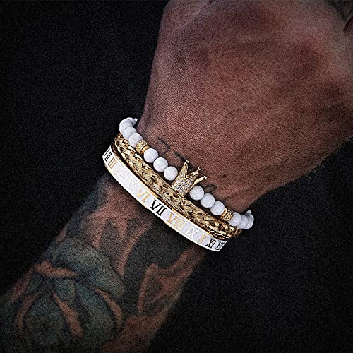 3pcs/set Classical Handmade Braiding Bracelet Hip Hop Men Pave CZ Leopard Head Roman Numeral Bracelet Stainless Steel Jewelry - color: 3pcs Q Gold Crown With Diamond