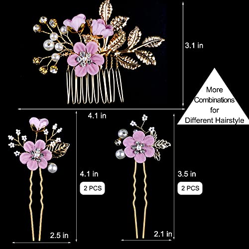 5 PCS Bridal Flower Wedding Hair Pins Crystal Pearl Hair Clips Headpiece Gold Wedding Hair Accessories Jewelry with Rhinestone for Brides Bridesmaids Women Girls Updo, Romantic Lilac Purple - color: Exquisite Flower Leaves&Romantic Lilac Purple