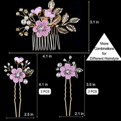 5 PCS Bridal Flower Wedding Hair Pins Crystal Pearl Hair Clips Headpiece Gold Wedding Hair Accessories Jewelry with Rhinestone for Brides Bridesmaids Women Girls Updo, Romantic Lilac Purple - color: Exquisite Flower Leaves&Romantic Lilac Purple