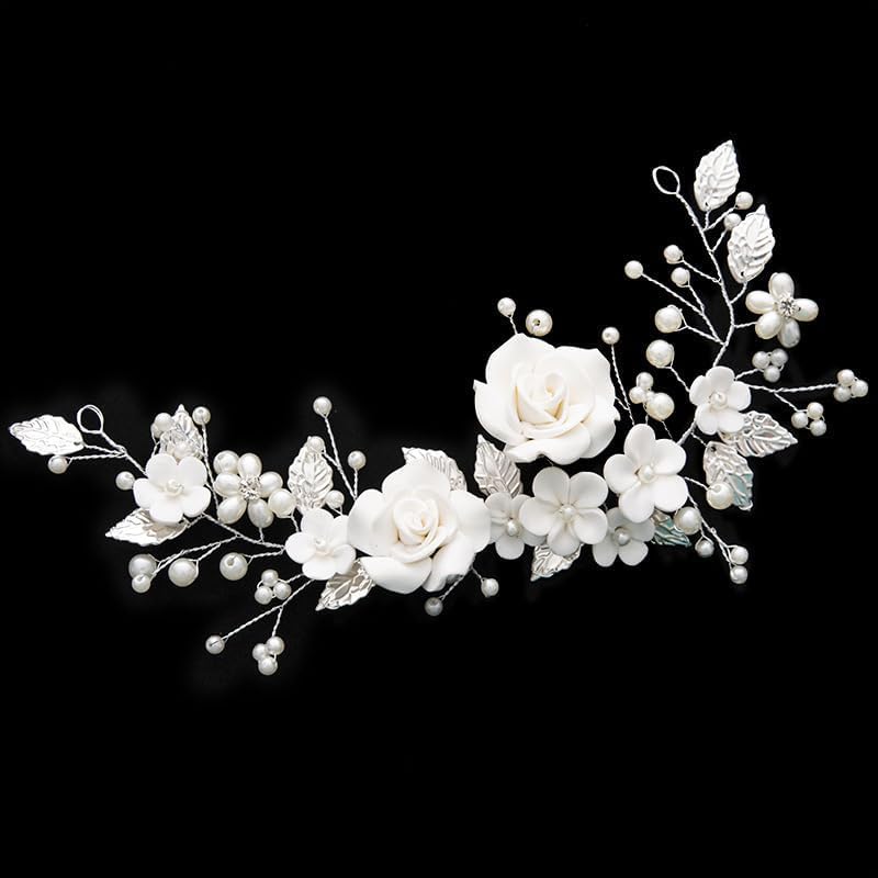 Flower Bride Wedding Hair Vine Silver Rhinestone Leaf Hair Accessories Headband for Women and Girls