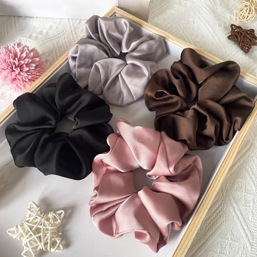 Big Satin Scrunchies for Women, 5.2 Inches Large Scrunchie, Silk Elastic Ponytail Holders for Girls, Jumbo Hair Ties for Thick/Curly Hair, Soft Scrunchy No Crease No Pilling, 4 Pack - color: Black+Coffee