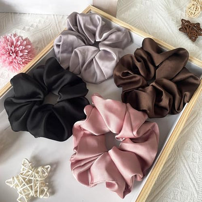 Big Satin Scrunchies for Women, 5.2 Inches Large Scrunchie, Silk Elastic Ponytail Holders for Girls, Jumbo Hair Ties for Thick/Curly Hair, Soft Scrunchy No Crease No Pilling, 4 Pack - color: Black+Coffee