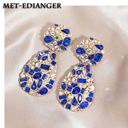 Rhinestone Statement Earrings Teardrop Costume Earrings Cluster Crystal Chandelier Drop Dangle Earrings for Women - color: Blue