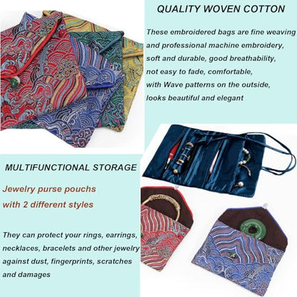 2pcs Embroidery Jewelry Roll 2 Styles Jewelry Silk Purse Pouchs Damask Cloth Roll Brocade Organizer with Snap Button and Zipper Small Gift Bags for Travel Storage Jewelry/Peacock Green - color: 01 Peacock