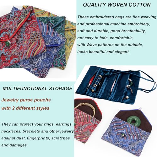 2pcs Embroidery Jewelry Roll Bags with Silk Purse Pouch Damask Cloth Brocade Organizer with Snap Button and Zipper Small Gift Bags for Travel Storage in Blue - color: 04 D Blue