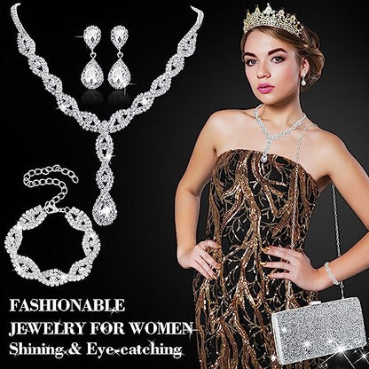 Mixweer 4 Pieces Clutch Purses Bag for Women Evening Rhinestone Jewelry Set Bling Necklace Earrings Bracelets Set for Wedding - style: Exquisite Style