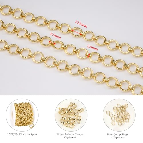 KYUMHOO 6.5 Feet Embossed Circle Chain Link for Jewelry Making | 18K Gold Plated Jewelry Making Chains Bulk on Spool with Jump Rings Lobster Clasps Necklace Bracelet DIY Chain Findings - color: Embossed Circle Gold