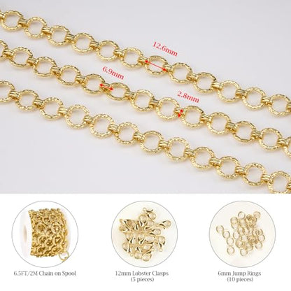 KYUMHOO 6.5 Feet Embossed Circle Chain Link for Jewelry Making | 18K Gold Plated Jewelry Making Chains Bulk on Spool with Jump Rings Lobster Clasps Necklace Bracelet DIY Chain Findings - color: Embossed Circle Gold