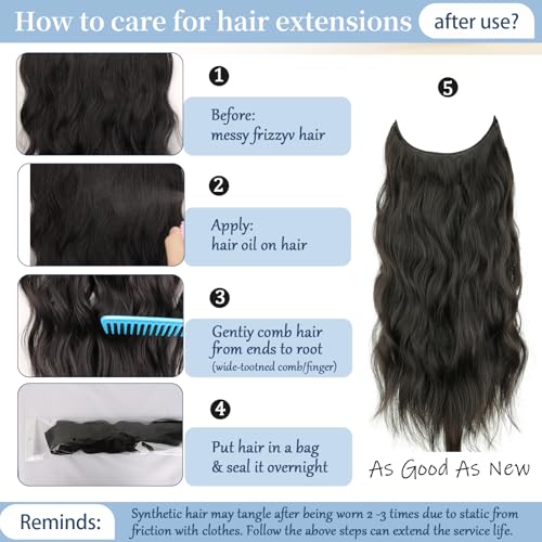 Balayage Dark Brown Halo Hair Extensions with Chestnut Highlights | 20 Inch Wavy Synthetic Fiber with Invisible Wire and 4 Secure Clips for Easy Daily Styling and Party Wear - color: Brown Highlight
