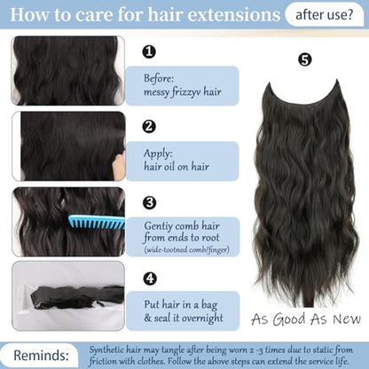 Balayage Dark Brown Halo Hair Extensions with Chestnut Highlights | 20 Inch Wavy Synthetic Fiber with Invisible Wire and 4 Secure Clips for Easy Daily Styling and Party Wear - color: Brown Highlight