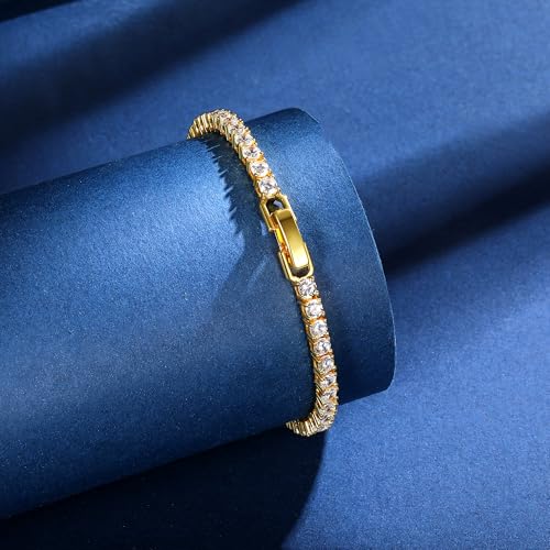 Gemsme 4 Prong Tennis Bracelet, 18K White/Yellow Gold Plated 3mm Round Cubic Zirconia Bracelet for Women Size 6-8.5 Inch - color: Gold Plated, size: 8 inch