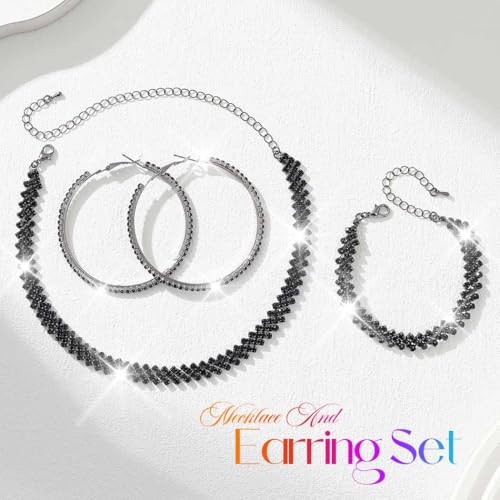 Black Jewelry Sets Rhinestone Necklace Hoop Earrings Bracelet Set Prom Formal Sparkly Costume Jewelry Sets for Women - color: Black