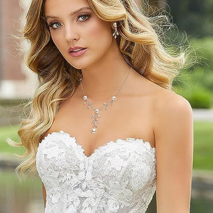 EleQueen Women's Simulated Pearl Wedding Jewelry Set for Brides | Cubic Zirconia Necklace Earrings Bracelet Set for Brides Bridesmaids, Bridal Jewelry Set for Anniversary/Memorial Day - style: Pearl Necklace Earrings 2 Pieces Set