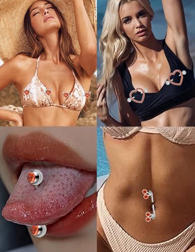 8 Pairs Nipple Rings 14G Stainless Steel Heart Cherry Apple Devil CZ Acrylic Ball Stud Barbell Tongue Rings Set Cute Nipplerings Piercing Jewelry for Women Red Silver Tone - color: Red