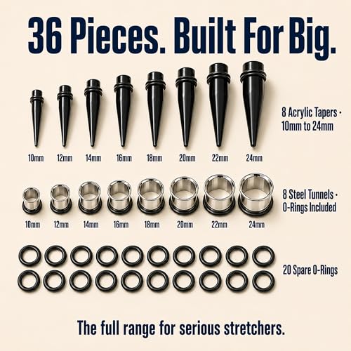 BodyJ4You 36PC Ear Gauge Stretching Kit 00G-25mm - Big Gauges for Ears | Dead Stretching Lobe Plug Expander - Stainless Steel Single Flare Flesh Tunnels - Solid Acrylic Piercing Tapers Men Women - color: Black, Silvertone