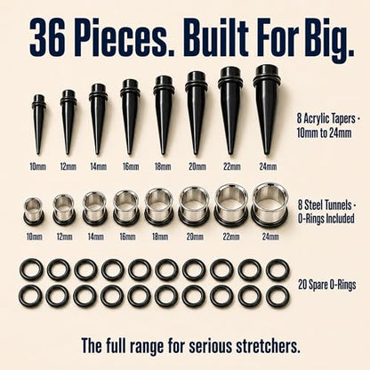 BodyJ4You 36PC Ear Gauge Stretching Kit 00G-25mm - Big Gauges for Ears | Dead Stretching Lobe Plug Expander - Stainless Steel Single Flare Flesh Tunnels - Solid Acrylic Piercing Tapers Men Women - color: Black, Silvertone