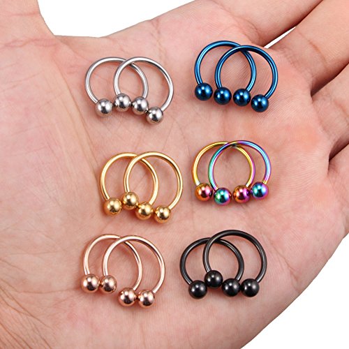 SCERRING 12PCS 10-14mm Stainless Steel Nose Horseshoe Hoop Rings Eyebrow Lip Ear Tragus Septum Piercing Hanger Retainer 16G 14G 12G - style: 14G - Inner Dia. 14mm