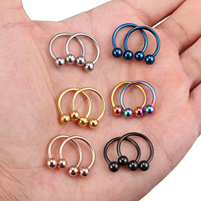 SCERRING 12PCS 10-14mm Stainless Steel Nose Horseshoe Hoop Rings Eyebrow Lip Ear Tragus Septum Piercing Hanger Retainer 16G 14G 12G - style: 14G - Inner Dia. 14mm