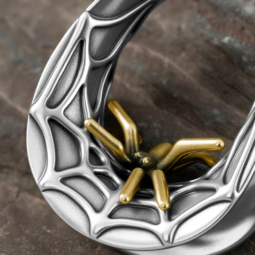 ERKUOO 2PCS 0g 00g-1" Gothic Golden Raven Skull Saddle Ear Gauge Spider Web Double Flared Plug Tunnels Expander Piercing Jewelry For Women Men 8mm-25mm - color: Spider Web-Silver, size: 00g=10mm