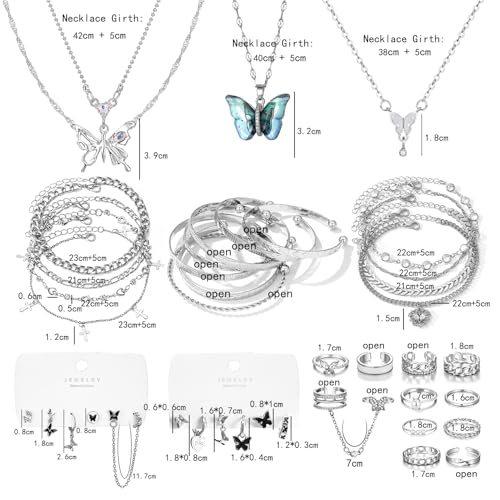 17IF 53 PCS(8 PACK) Silver Plated Jewelry Set for Women，4 Styles | with 6 Necklace 11 Ankle Bracelet 30 Kunckle Ring 6 Pair Earring Hoop Vintage Boho Pearl Birthday Travel Holiday - style: Vintage-1