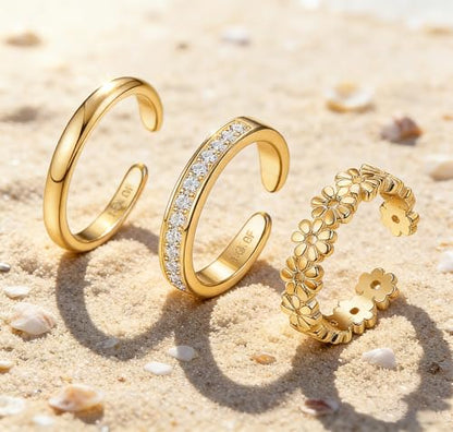 3Pcs Gold Toe Rings for Women,Trendy CZ Flower Toe Rings Silver Open Adjustable Band Ring Summer Foot Jewelry Accessories - color: flower