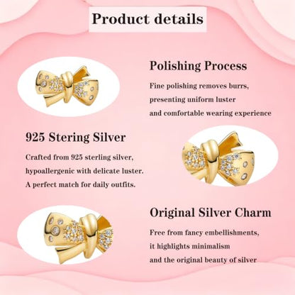 925 Sterling Silver Charms Pendants Mom Heart Dog koi fish Sea Turtle Football Charms for bracelet Pendants Beads Mom Sister Wife Family, Friends, Birthday gifts - style: Bow Charm-Gold