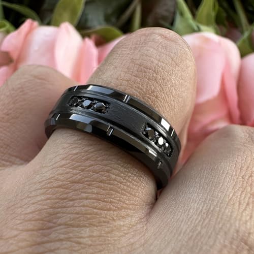 TUTISS 8mm Silver/Black Tungsten Rings for Men Women Promise Engagement Eternity Wedding Bands Black Cubic Zircon Stone Inlay All Around Matte Finish Comfort Fit - color: 8mm Black Tungsten