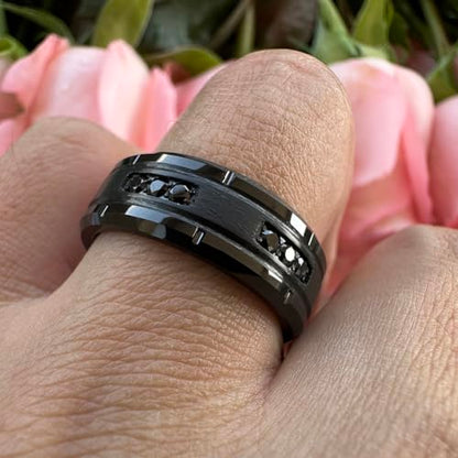 TUTISS 8mm Silver/Black Tungsten Rings for Men Women Promise Engagement Eternity Wedding Bands Black Cubic Zircon Stone Inlay All Around Matte Finish Comfort Fit - color: 8mm Black Tungsten