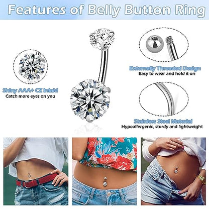 14 PCS Belly Button Rings for Women, 14G Long Dangle Navel Ring Screw Bar Design Body Piercing Jewelry Belly Rings Gifts