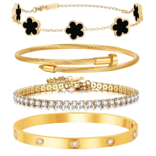 18K Gold Plated Stackable Love Bangle Bracelet Set for Women - 3 Pcs Stainless Steel Chain Bracelet Cubic Zirconia Tennis Bracelet Gold Bangle Set Gift for Wife - color: Black Floral Bracelet Set