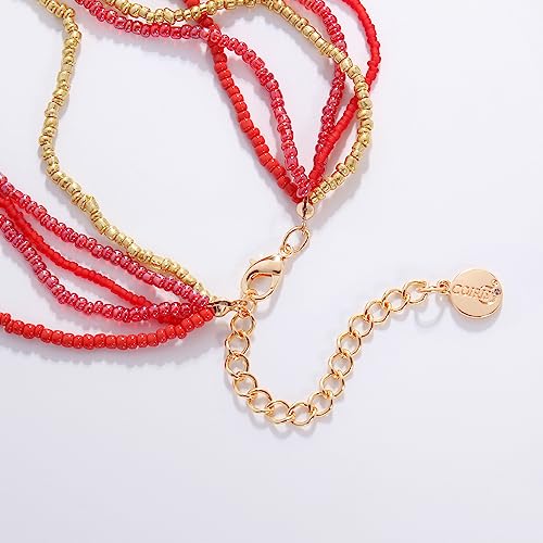 Coiris Long Seed Beaded Multi Strand Necklace,10 Multiple Statement Long Bib Necklace with Tie Knot for Women and Girls Jewelry - color: Red