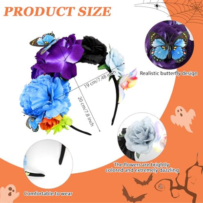 Flower Crown Day of the Dead Headpiece Mexican Flowers Butterfly Crown Flower Crowns Halloween Headbands for Halloween Party - color: Multicolor-2