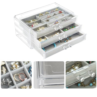 Weiai Acrylic Jewelry Box Organizer 3 Drawer Earring Storage Case Tray for Women - color: Gray