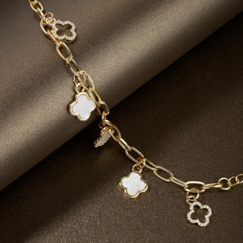 Gold Clover Charm Link Bracelet for Women Elegant Mother of Pearl Lucky Four Leaf Clover Bracelet Cute Colorful Rhinestone Clover Pendant Bracelet Adjustable Link Chain Trendy Party Jewelry Gift - style: Gold Clover