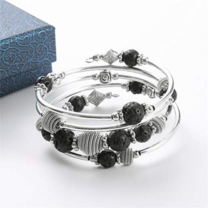 PEARL&CLUB Beaded Chakra Bangle Turquoise Bracelet - Fashion Jewelry Wrap Bracelet with Thick Silver Metal and Mala Beads, Birthday Gifts For Women - color: Lava stone