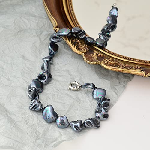 Pearl Choker Necklace for Women Boho Beaded Statement Necklace with Black White Large Freshwater Pearls Silver Fashion Jewelry Gift - color: Bright black