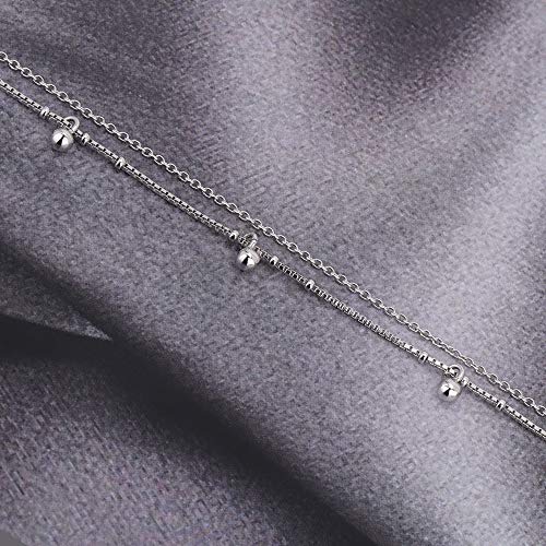 Vanbelle Sterling Silver Jewelry - Rhodium Plated 925 Stamp - Double Layered & Hanging Beaded Chain Anklet - Stylish Beautifully Designed for Women - 9" Long + 1" Extender