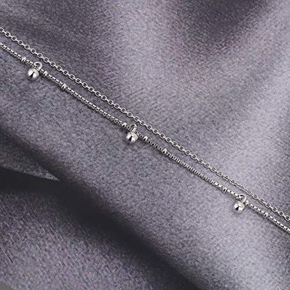 Vanbelle Sterling Silver Jewelry - Rhodium Plated 925 Stamp - Double Layered & Hanging Beaded Chain Anklet - Stylish Beautifully Designed for Women - 9" Long + 1" Extender
